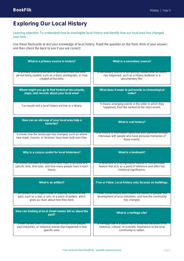 Free Local History Flashcards | Grade 4 | History | BookFlik worksheet preview — History Local History