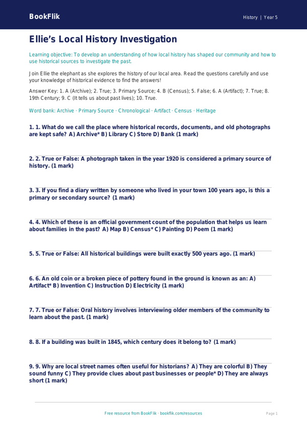 Free Local History Quiz | Grade 4 | History | BookFlik worksheet preview — History Local History