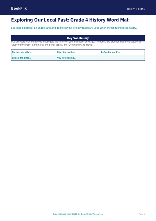 Free Local History Word Mat | Grade 4 | History | BookFlik worksheet preview — History Local History