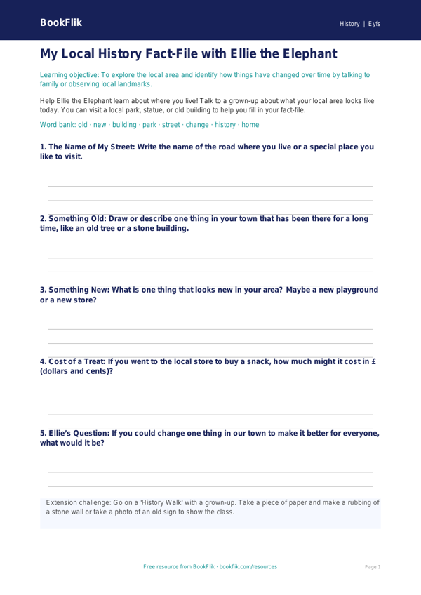 Free Local History Template | Pre-K | History | BookFlik worksheet preview — History Local History