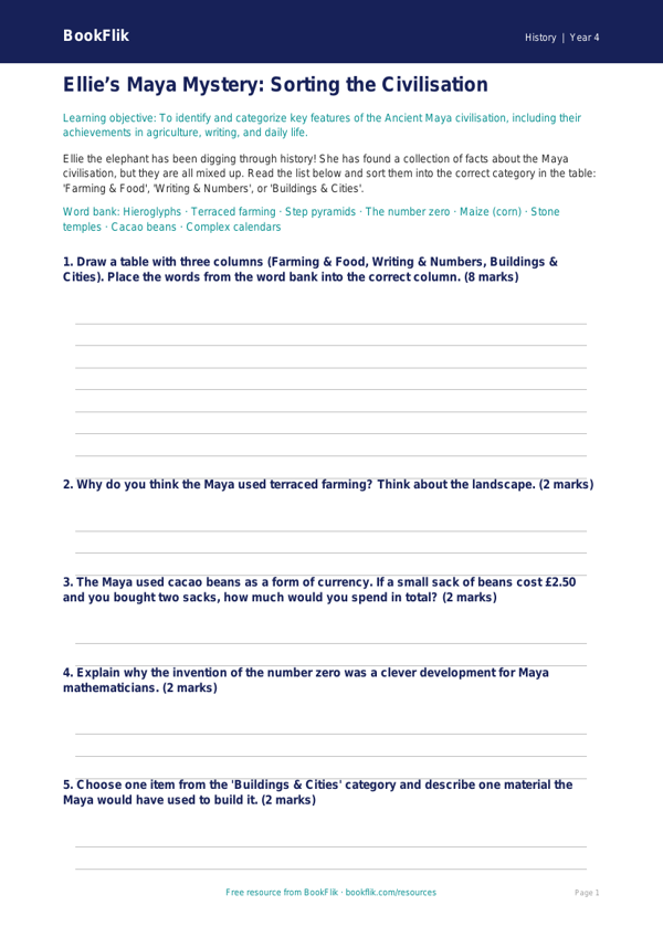 History maya civilisation activity sheet grade 3 core worksheet preview — History Maya Civilisation