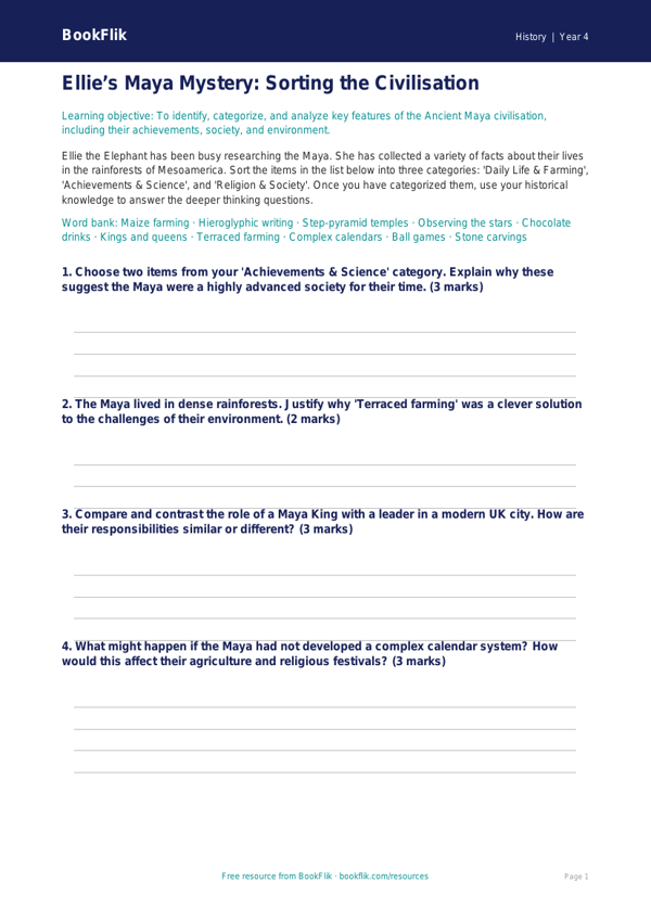 Free Maya Civilisation Activity Sheet | Grade 3 | History | BookFlik worksheet preview — History Maya Civilisation