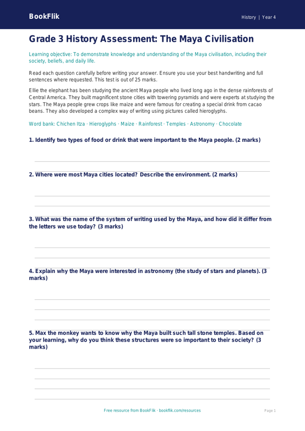 History maya civilisation assessment grade 3 core worksheet preview — History Maya Civilisation