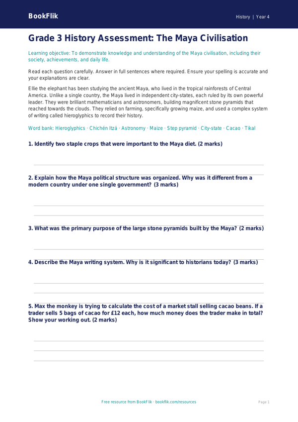 Free Maya Civilisation Assessment | Grade 3 | History | BookFlik worksheet preview — History Maya Civilisation