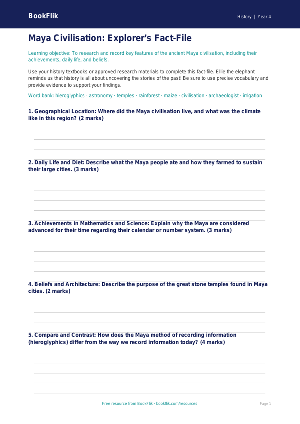 Free Maya Civilisation Template | Grade 3 | History | BookFlik worksheet preview β History Maya Civilisation
