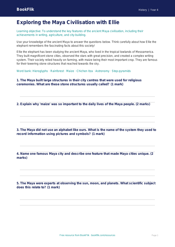 Free Maya Civilisation Worksheet | Grade 3 | History | BookFlik worksheet preview — History Maya Civilisation