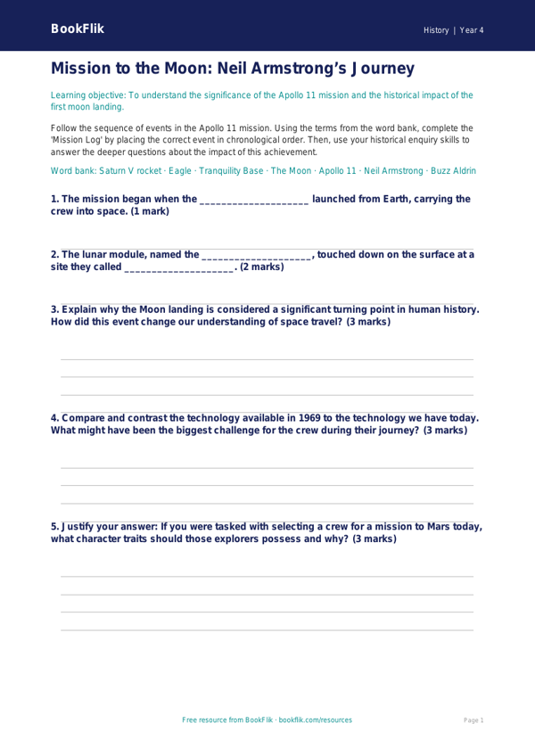 Free Neil Armstrong Activity Sheet | Grade 3 | History | BookFlik worksheet preview — History Neil Armstrong