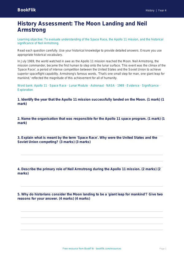 Free Neil Armstrong Assessment | Grade 3 | History | BookFlik worksheet preview — History Neil Armstrong
