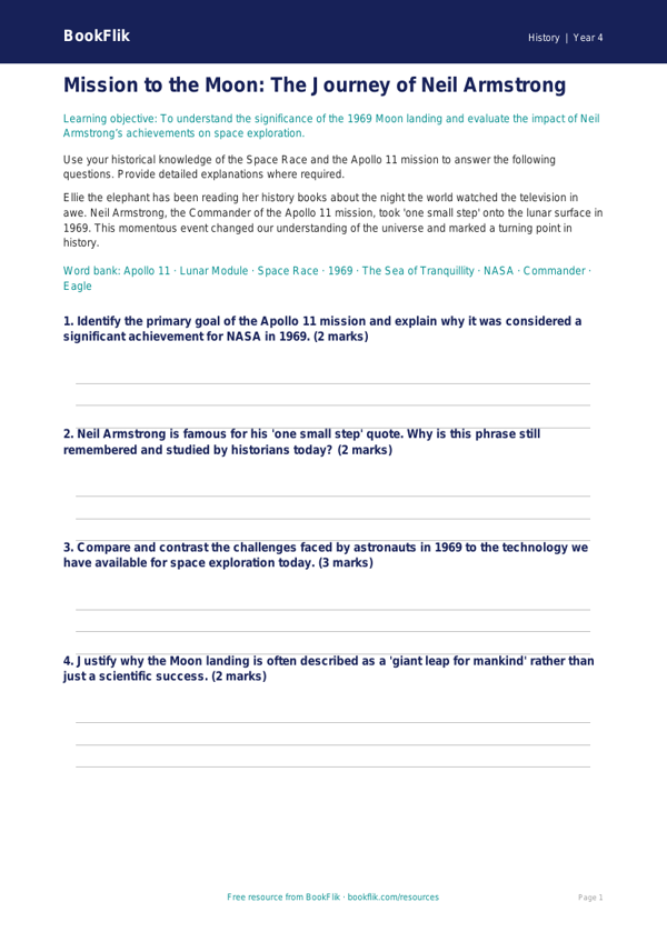 Free Neil Armstrong Worksheet | Grade 3 | History | BookFlik worksheet preview — History Neil Armstrong