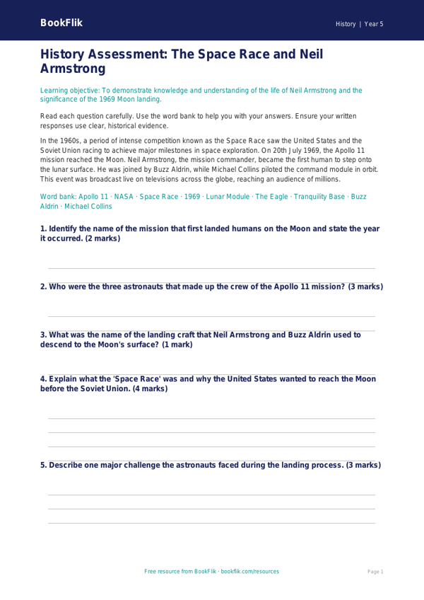 Free Neil Armstrong Assessment | Grade 4 | History | BookFlik worksheet preview — History Neil Armstrong