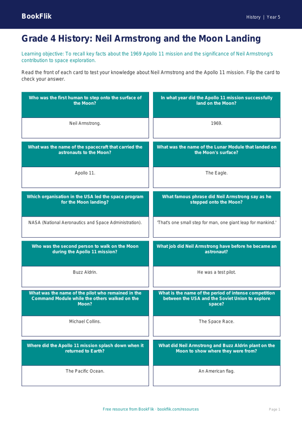 Free Neil Armstrong Flashcards | Grade 4 | History | BookFlik worksheet preview — History Neil Armstrong