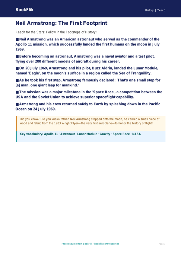 Free Neil Armstrong Poster | Grade 4 | History | BookFlik worksheet preview — History Neil Armstrong