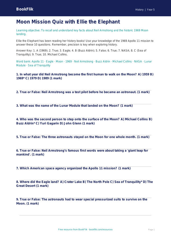 Free Neil Armstrong Quiz | Grade 4 | History | BookFlik worksheet preview — History Neil Armstrong