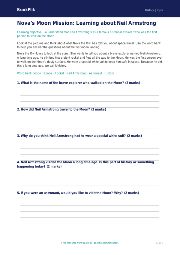 Free Neil Armstrong Worksheet | Pre-K | History | BookFlik worksheet preview — History Neil Armstrong