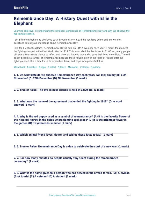 Free Remembrance Day Quiz | Grade 3 | History | BookFlik worksheet preview — History Remembrance Day