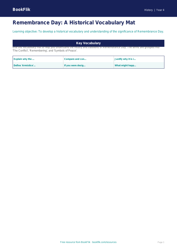 Remembrance Day History Activity | Grade 3 | BookFlik worksheet preview — History Remembrance Day