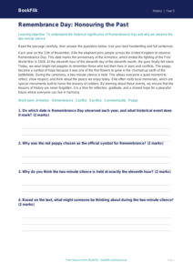 Free Remembrance Day Comprehension | Grade 4 | History | BookFlik