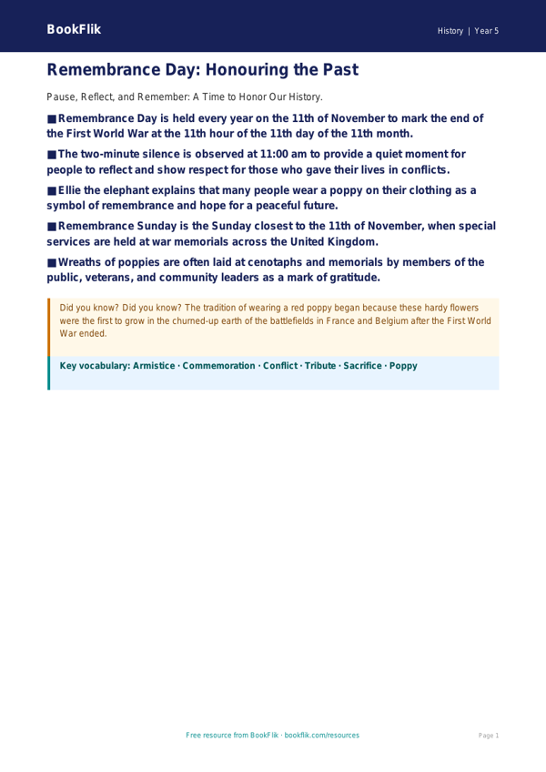 Free Remembrance Day Poster | Grade 4 | History | BookFlik worksheet preview — History Remembrance Day