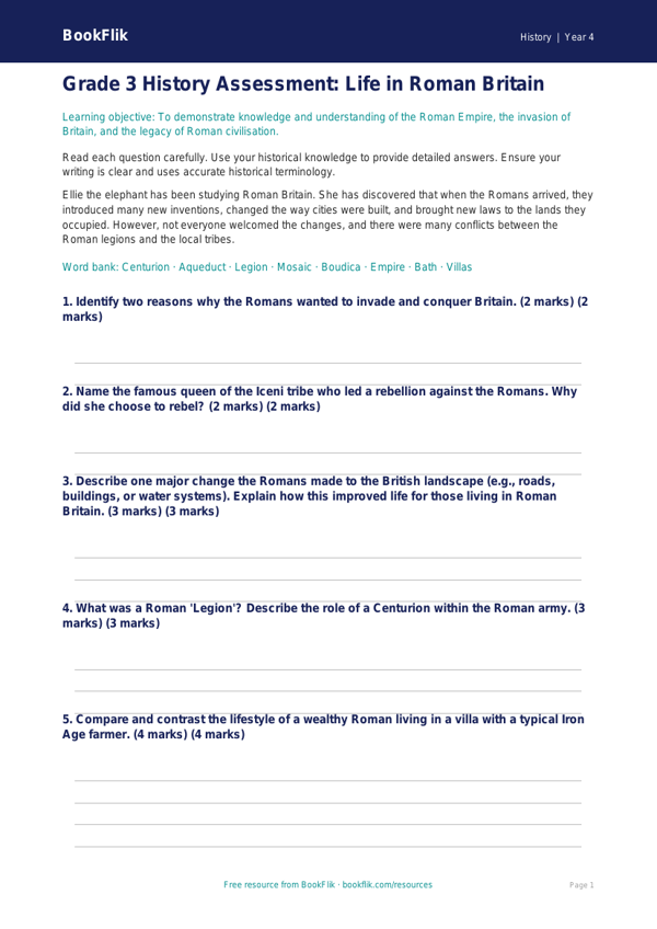 History romans assessment grade 3 greater depth worksheet preview — History Romans