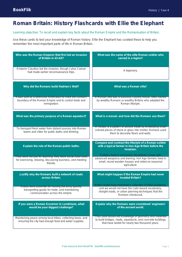 Free Romans Flashcards | Grade 3 | History | BookFlik worksheet preview — History Romans