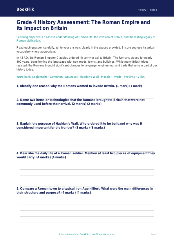 Free Romans Assessment | Grade 4 | History | BookFlik worksheet preview — History Romans