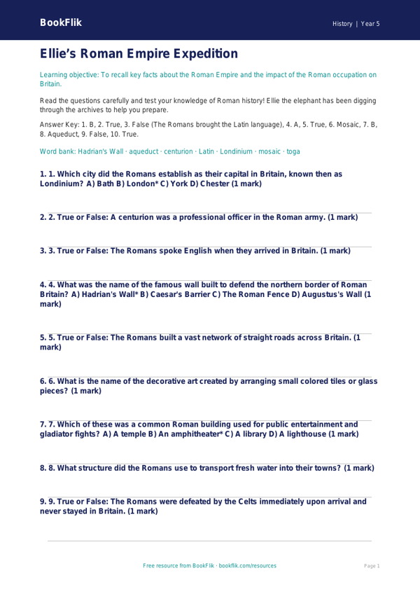 Free Romans Quiz | Grade 4 | History | BookFlik worksheet preview — History Romans