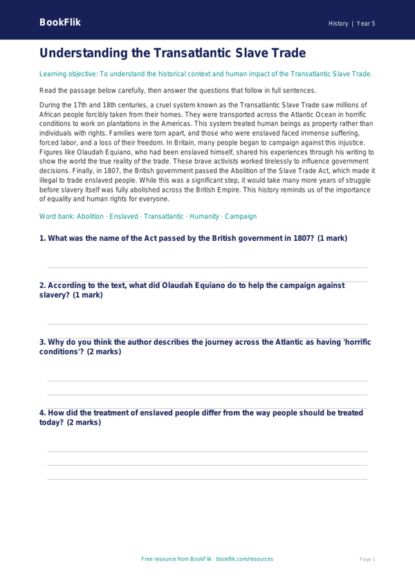 Free Slavery Comprehension | Grade 4 | History | BookFlik worksheet preview — History Slavery