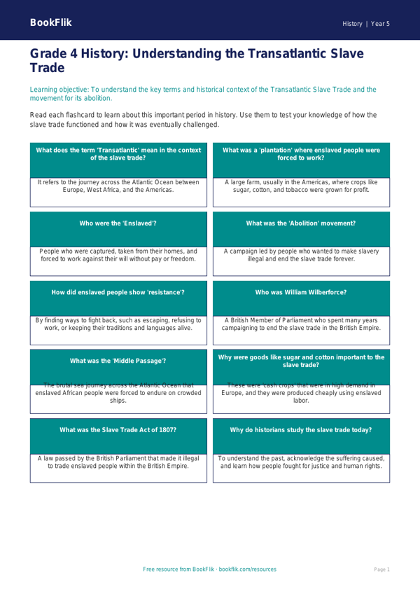 Free Slavery History Flashcards | Grade 4 | BookFlik worksheet preview — History Slavery