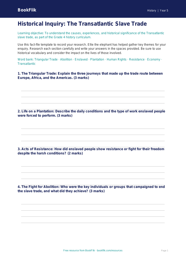 Understanding History: Slavery Template for Grade 4 | BookFlik worksheet preview — History Slavery