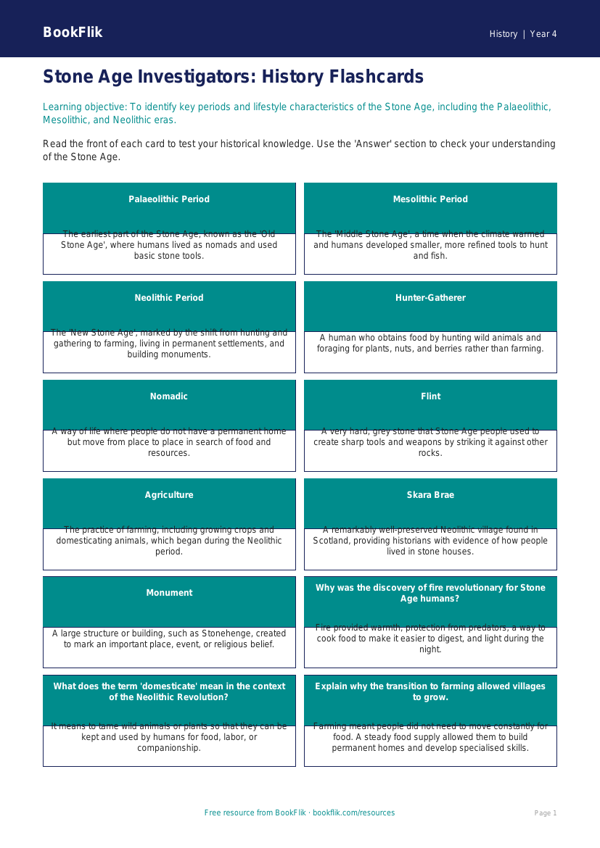 Free Stone Age Flashcards | Grade 3 | History | BookFlik worksheet preview — History Stone Age