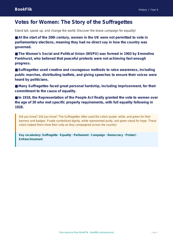 Free Suffragettes Poster | Grade 3 | History | BookFlik worksheet preview — History Suffragettes
