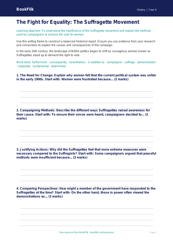 History suffragettes writing frame grade 3 greater depth worksheet preview — History Suffragettes