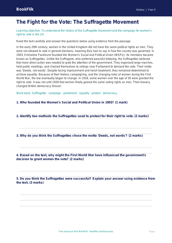 Free Suffragettes Comprehension | Grade 4 | History | BookFlik worksheet preview — History Suffragettes