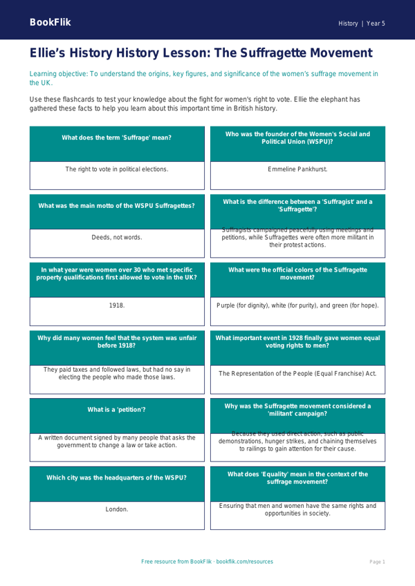 Free Suffragettes Flashcards | Grade 4 | History | BookFlik worksheet preview — History Suffragettes