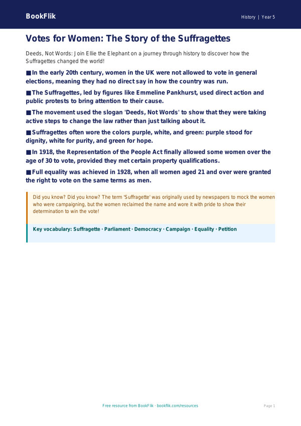 Free Suffragettes Poster | Grade 4 | History | BookFlik worksheet preview — History Suffragettes