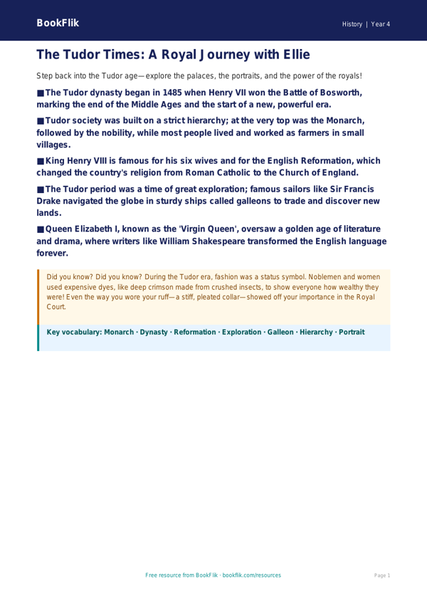 Free Tudors Poster | Grade 3 | History | BookFlik worksheet preview — History Tudors