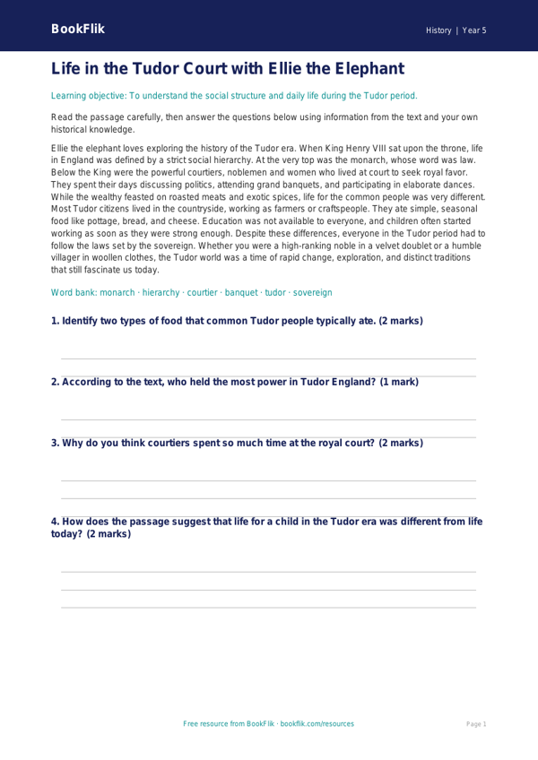 Tudors History Lesson for Grade 4 | BookFlik worksheet preview — History Tudors