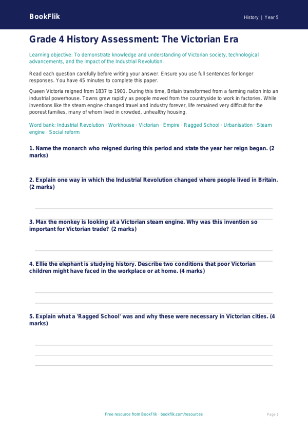 Free Victorians Assessment | Grade 4 | History | BookFlik worksheet preview — History Victorians