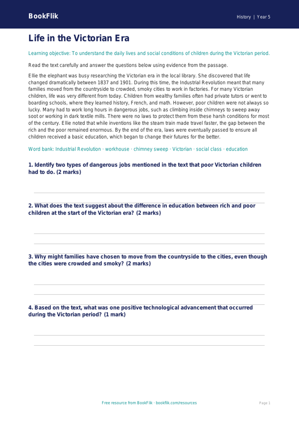 Free Victorians Comprehension | Grade 4 | History | BookFlik worksheet preview — History Victorians