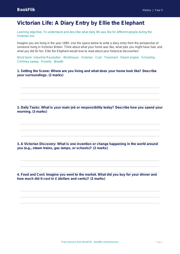 Free Victorians History Lesson Plan | Grade 4 | BookFlik worksheet preview — History Victorians