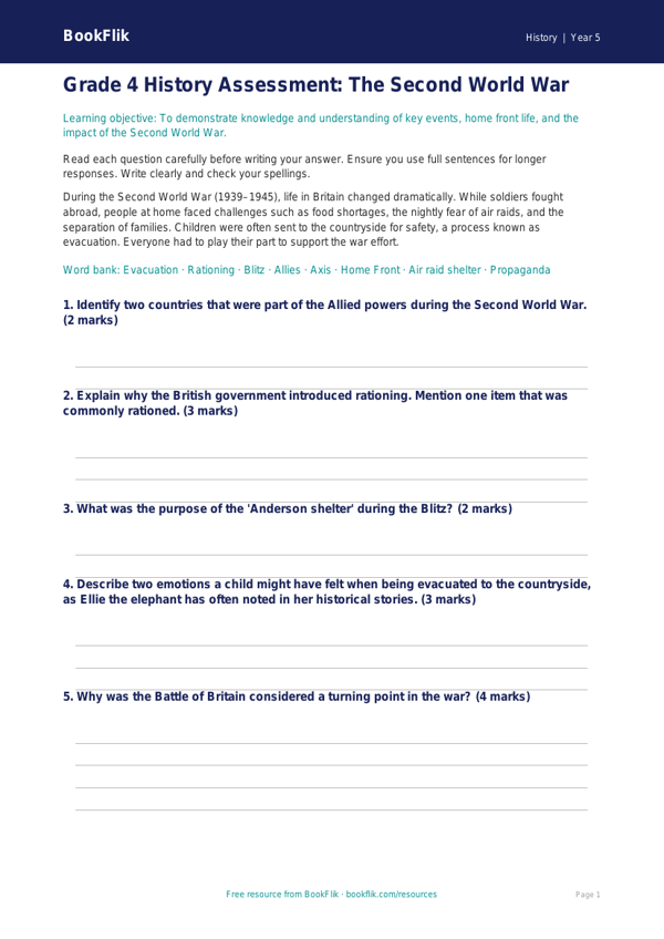 Free WW2 Assessment | Grade 4 History Worksheet | BookFlik worksheet preview — History Ww2