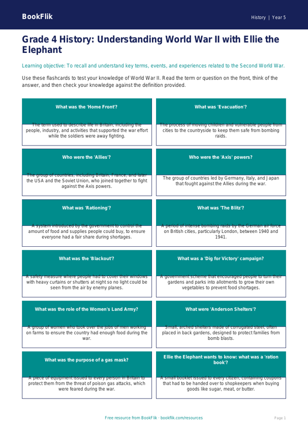 WW2 Flashcards for Grade 4 | History Resources | BookFlik worksheet preview — History Ww2