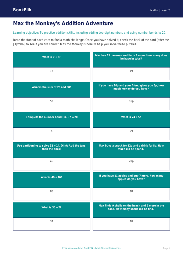 Free Addition Flashcards | Grade 1 Math Practice | BookFlik worksheet preview — Maths Addition