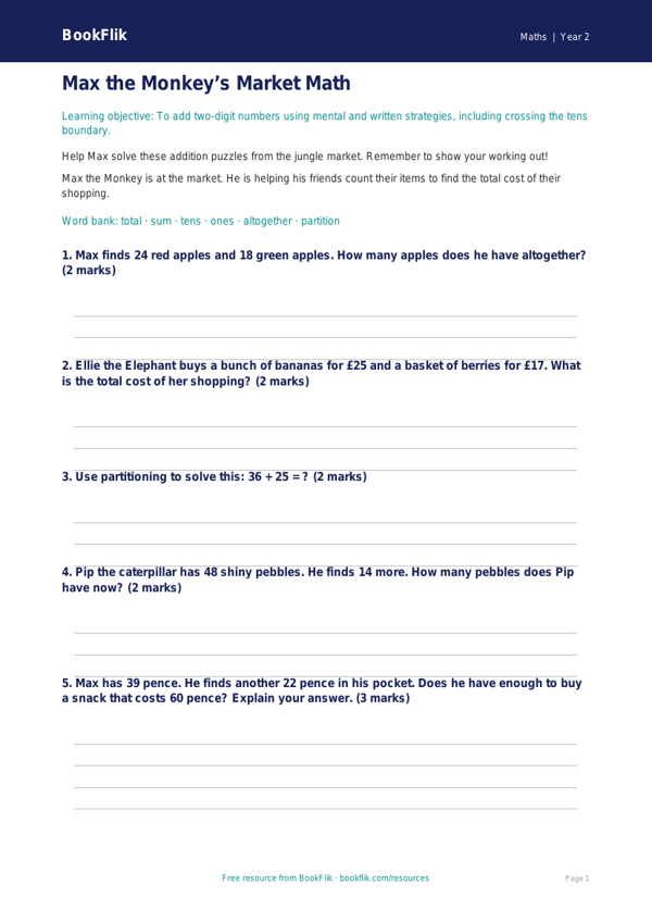 Free Addition Worksheet | Grade 1 | Math | BookFlik worksheet preview — Maths Addition
