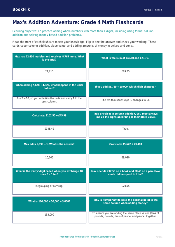 Free Addition Flashcards | Grade 4 | Math | BookFlik worksheet preview — Maths Addition
