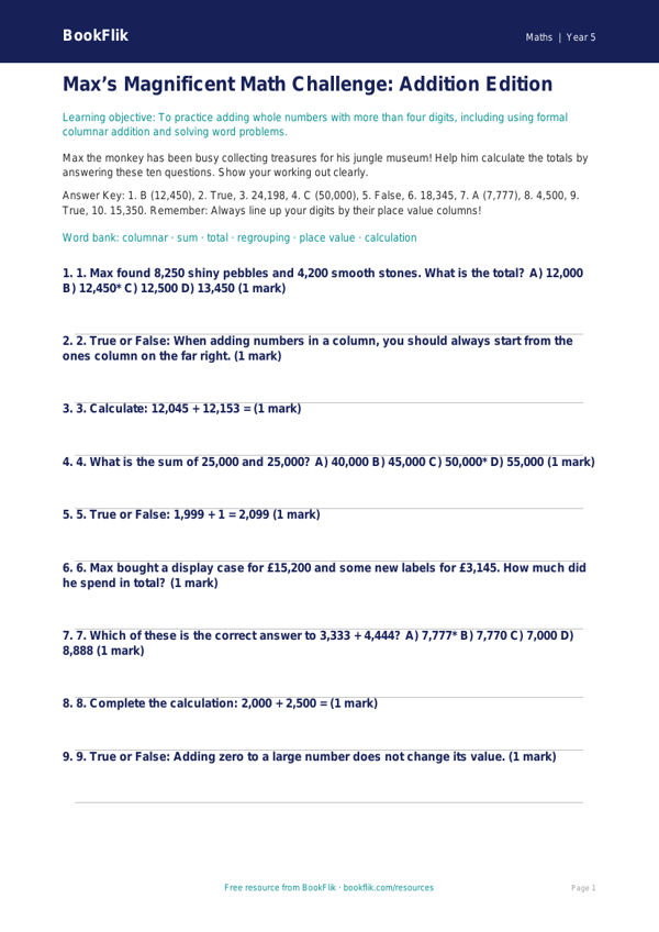 Free Addition Quiz | Grade 4 | Math | BookFlik worksheet preview — Maths Addition