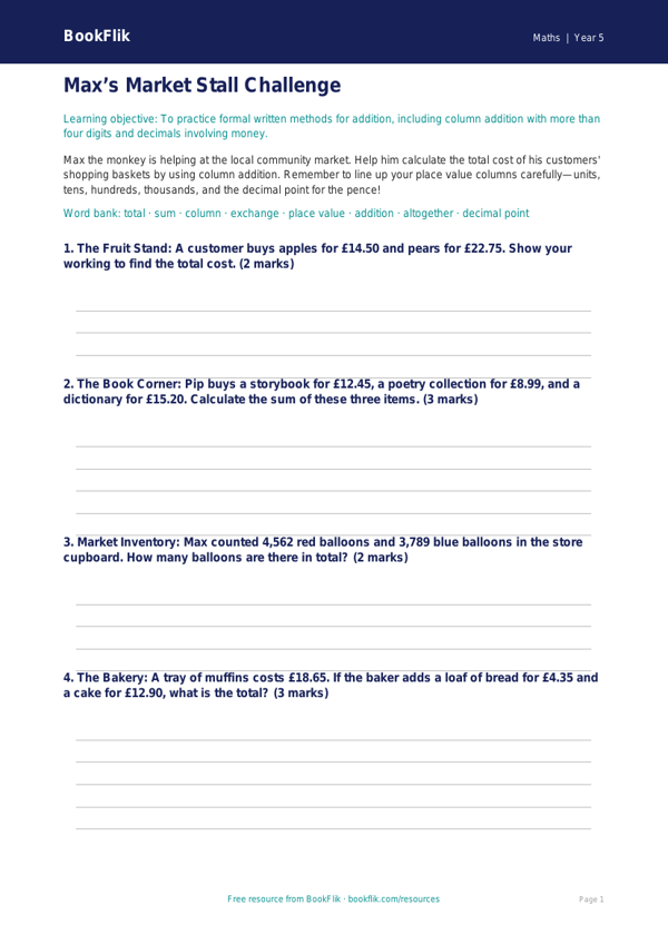 Free Addition Template | Grade 4 | Math | BookFlik worksheet preview — Maths Addition