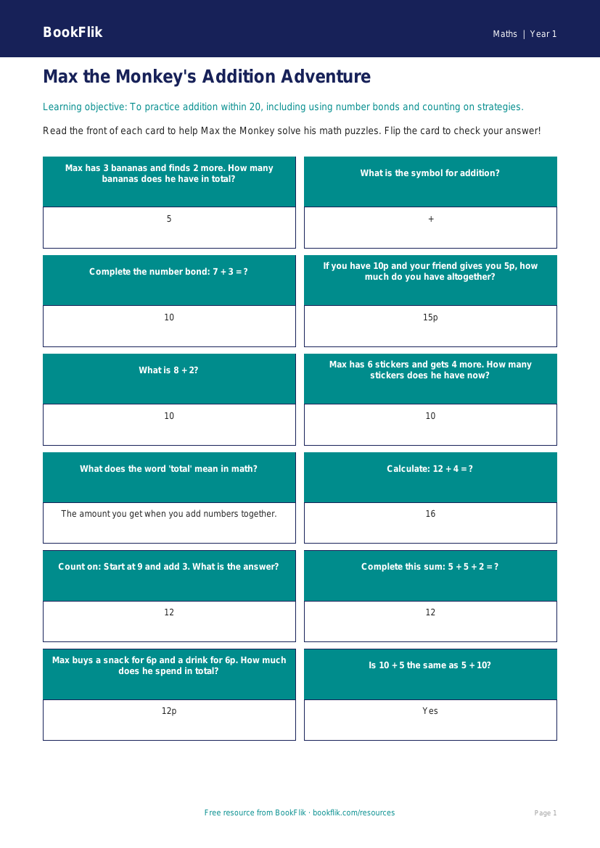 Free Addition Flashcards | Kindergarten Math | BookFlik worksheet preview — Maths Addition