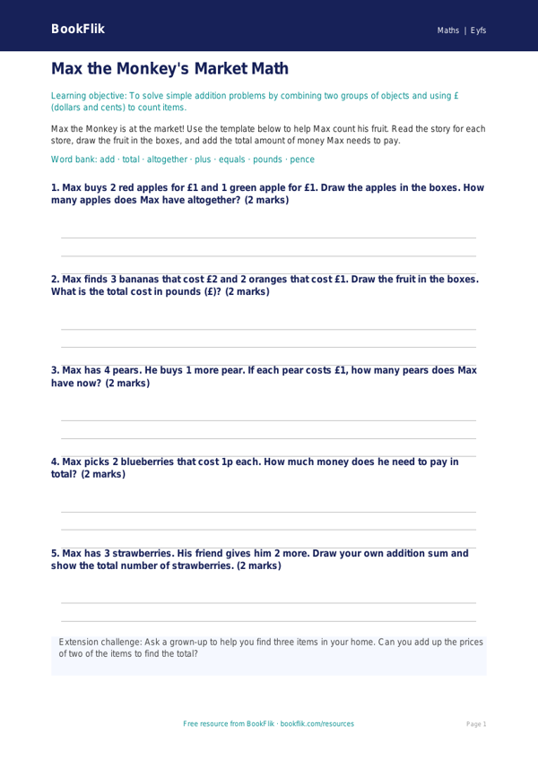 Free Addition Template | Pre-K Math Activity | BookFlik worksheet preview — Maths Addition