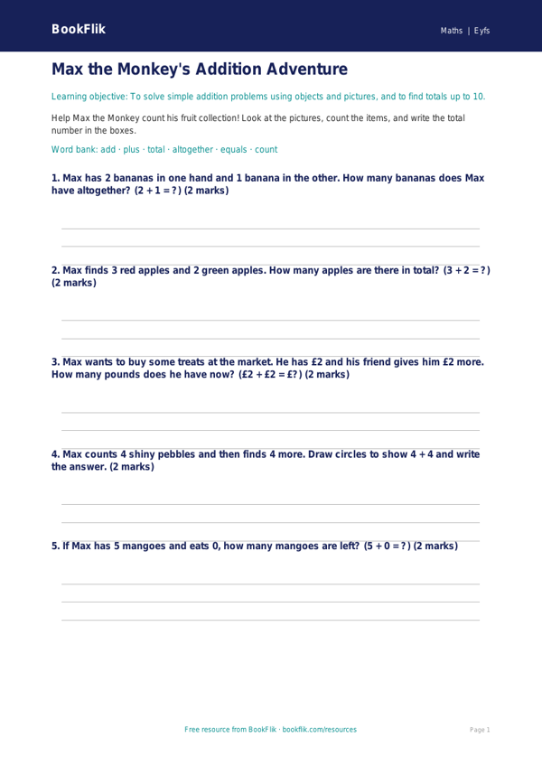 Free Addition Worksheet | Pre-K Math Practice | BookFlik worksheet preview — Maths Addition